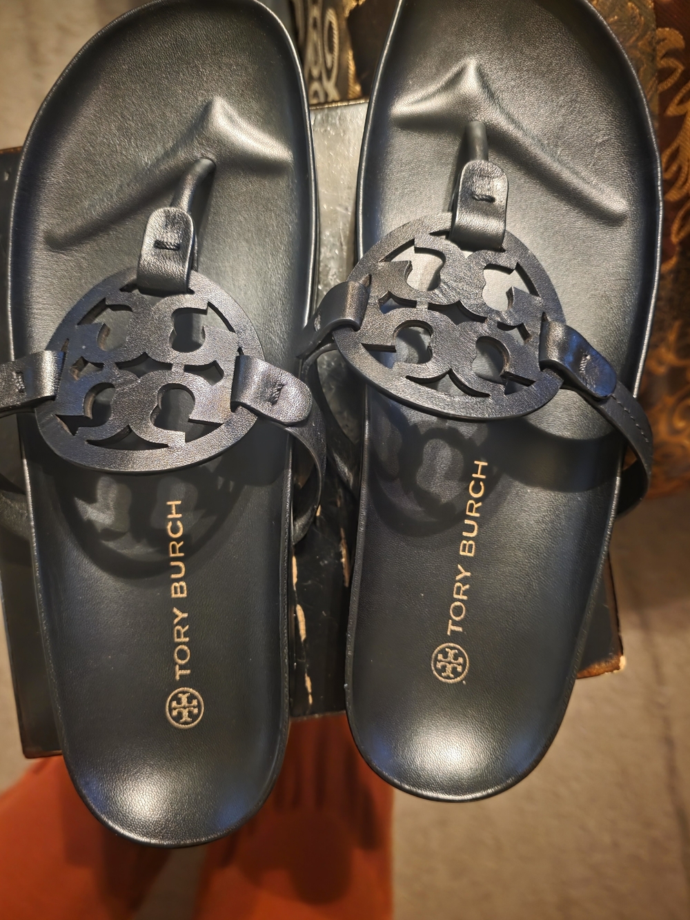 Tory Burch Navy Leather Logo Thong Sandals